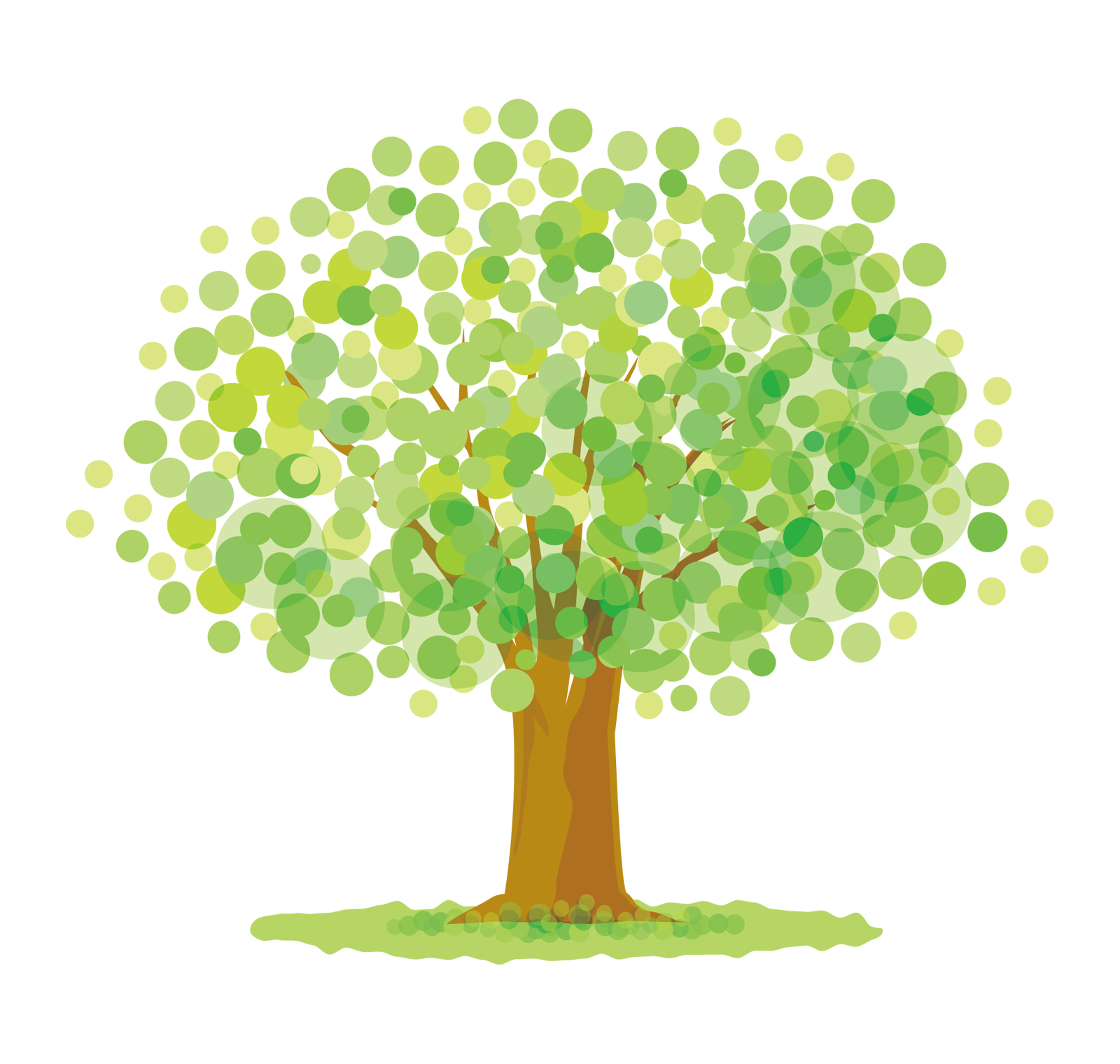 Abstract illustration of a leafy tree with many green circular leaves and a brown trunk on grass base?