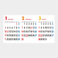 Three-month calendar showing January, February, and March with numbered days; Sundays in red and Saturdays in blue.