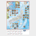 Map of Japan with regional photos of dishes and a 2027 calendar at the bottom; food highlights per prefecture.