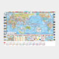 Colorful world map poster with two circular insets showing detailed regions, bordered by flags and a calendar strip.